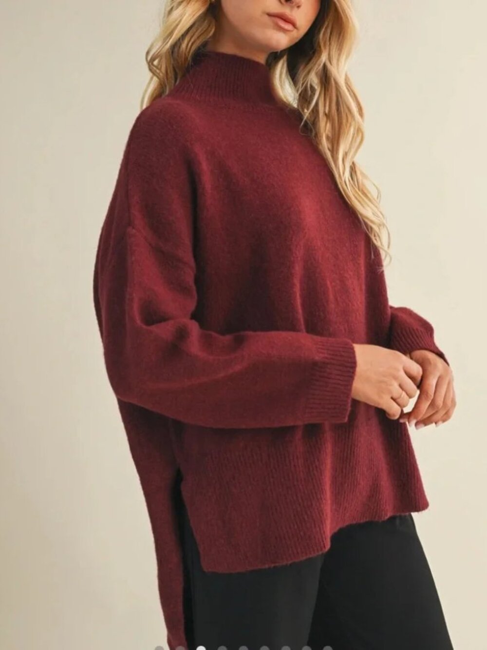 Mustard Seed Oversized Mock Neck High Low Sweater - Burgundy